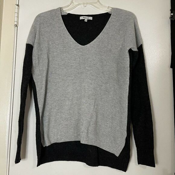 Madewell color block gray navy pullover vneck merino blend sweater size XS - Picture 1 of 6